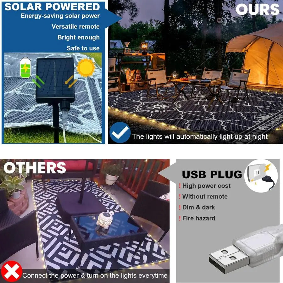 Outdoor Rug, Solar Powered Outdoor Rug with 113LEDs Strip Lights, Waterproof Plastic Reversible Outdoor Straw Rugs, Rugs Mat for