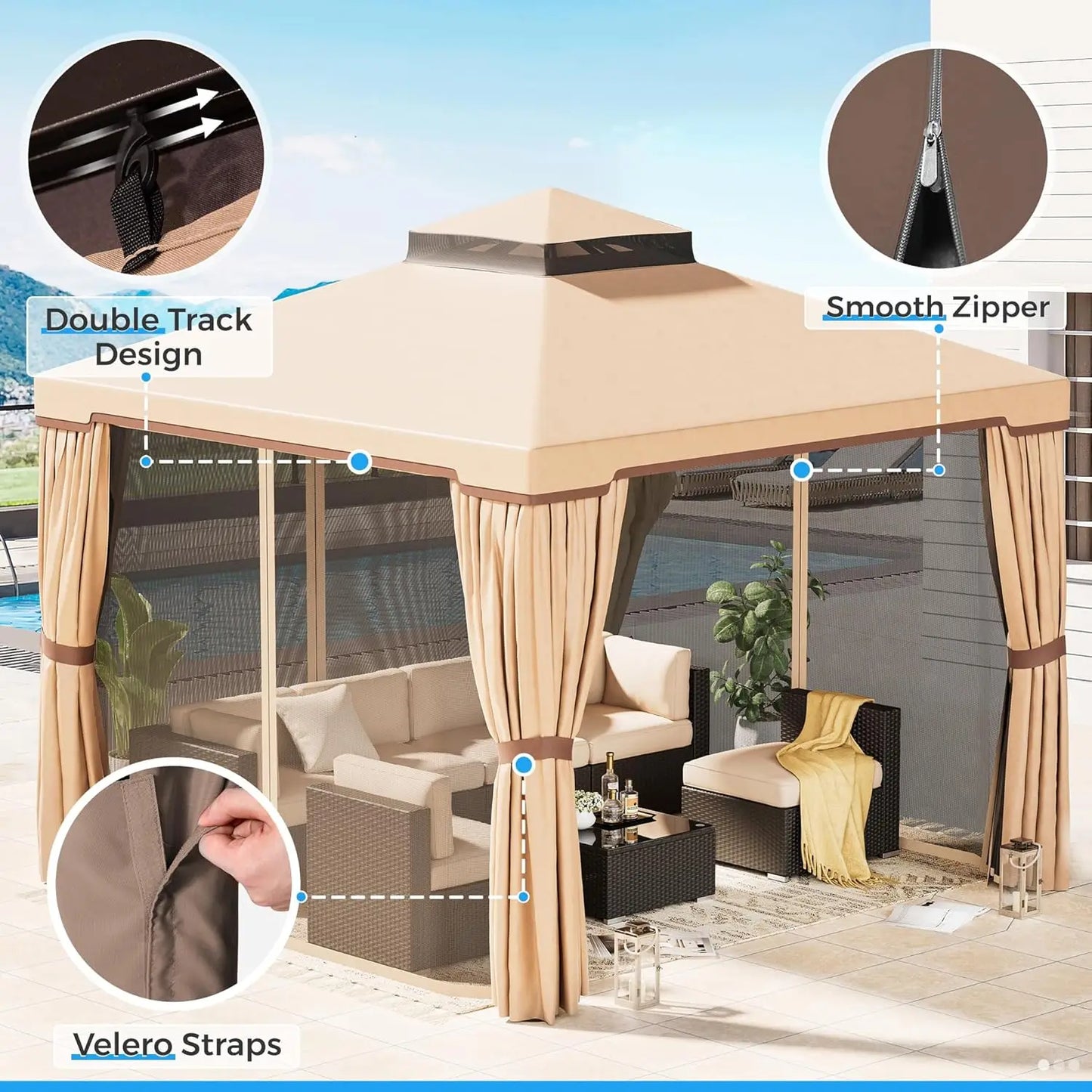 10 x 10 FT Outdoor Gazebo for Patio Iron Frame Garden Permanent Gazebo with Vented Soft Canopy and Mosquito, Customized