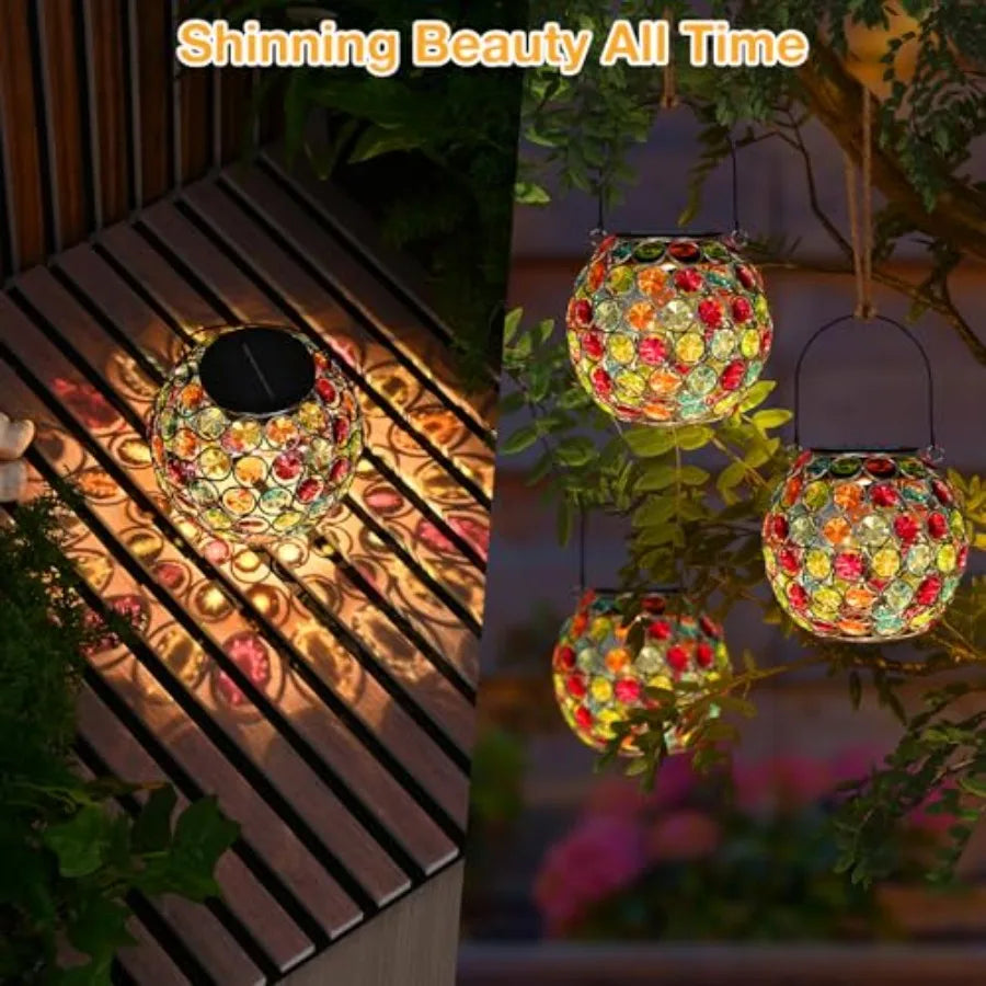 2 Pack Crystal Mosaic Solar Lanterns Outdoor Waterproof Decorative Hanging Solar Lights for Outside Gifts for Women Mom Grandma