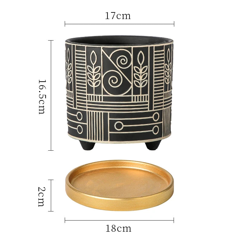 Simple Cylindrical Ceramic Flower Pot Succulent Plant Potted Garden Decoration Interior Countertop Flower Pot with Golden Tray