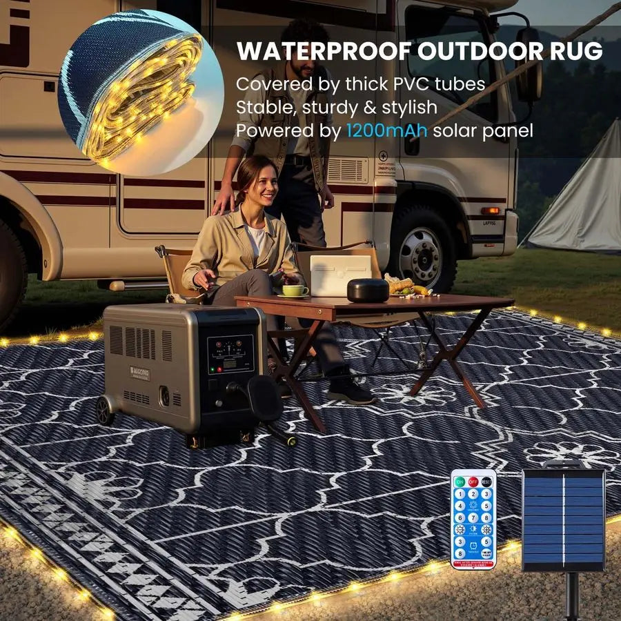 Outdoor Rug, Solar Powered Outdoor Rug with 113LEDs Strip Lights, Waterproof Plastic Reversible Outdoor Straw Rugs, Rugs Mat for