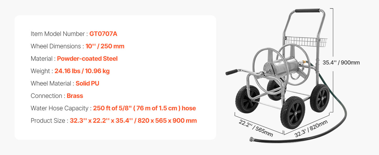 SucceBuy Hose Reel Cart 250ft Heavy Duty Garden Water Yard Planting w/ Basket Effortless Roll-up  Versatile Application Steel