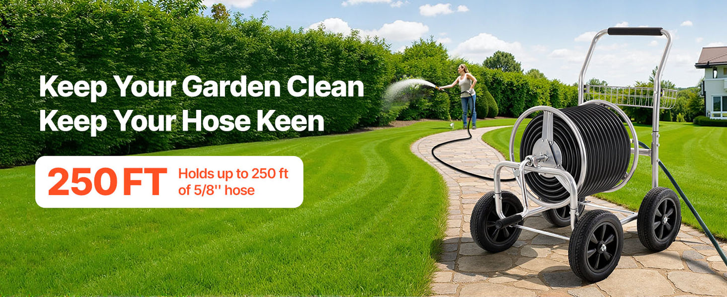 SucceBuy Hose Reel Cart 250ft Heavy Duty Garden Water Yard Planting w/ Basket Effortless Roll-up  Versatile Application Steel