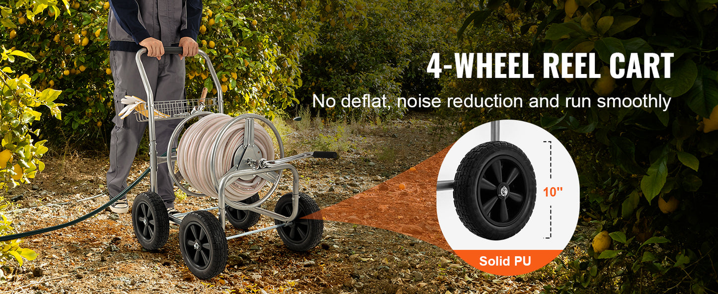 SucceBuy Hose Reel Cart 250ft Heavy Duty Garden Water Yard Planting w/ Basket Effortless Roll-up  Versatile Application Steel